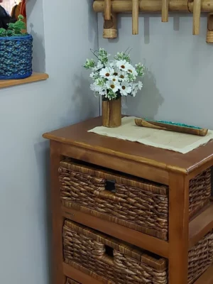 ETAGERE 3 TIROIRS EN BOIS ET FEUILLES DE BANANIER