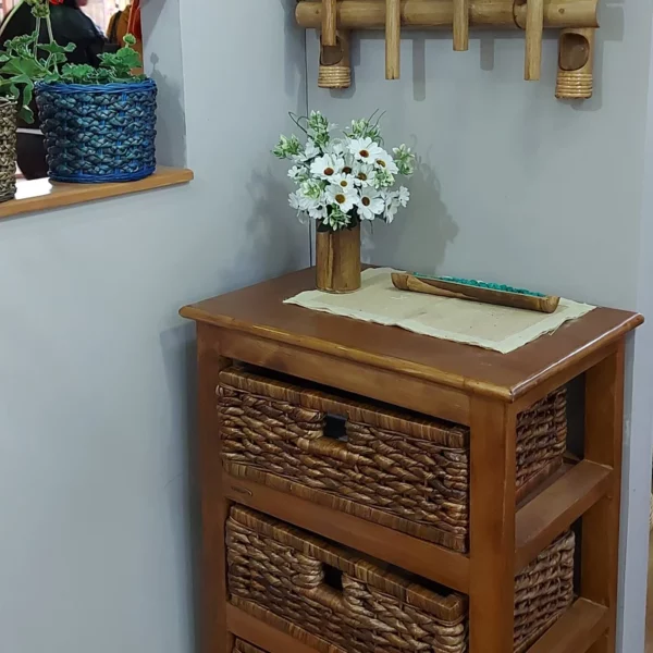 ETAGERE 3 TIROIRS EN BOIS ET FEUILLES DE BANANIER