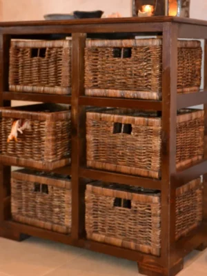 ETAGERE 6 TIROIRS EN BOIS ET FEUILLES DE BANANIER