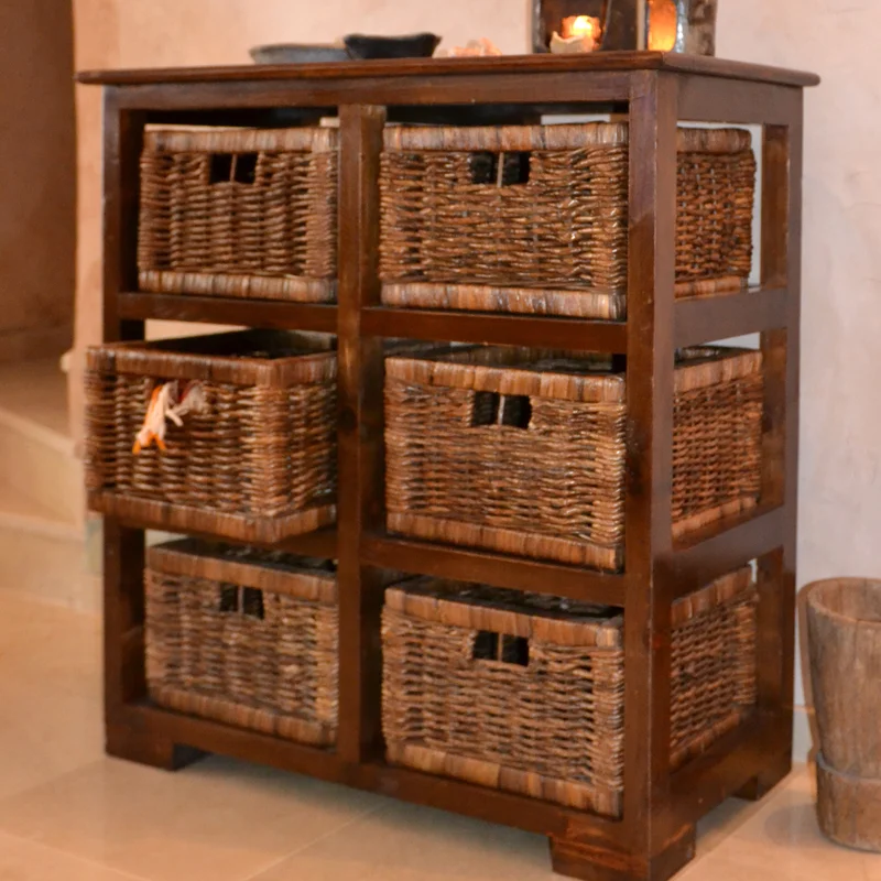 ETAGERE 6 TIROIRS EN BOIS ET FEUILLES DE BANANIER